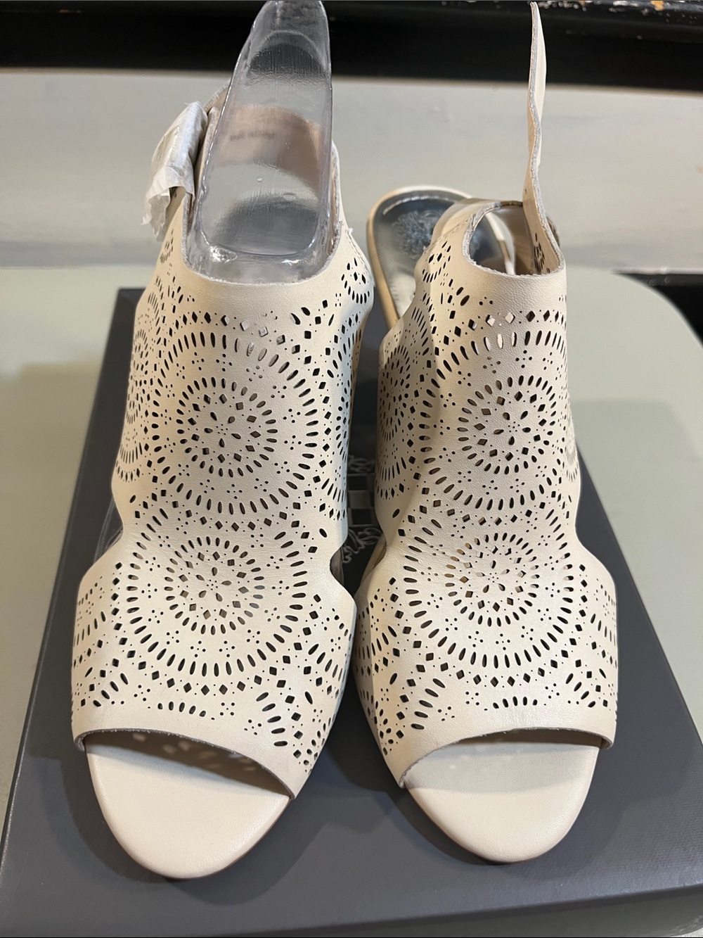 Vince Camuto Cream Laser-Cut Peep-Toe Slingback Mules
